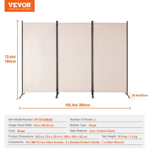 VEVOR Room Divider 3 Panels Fabric Room Privacy Screen for Office Bedroom Beige