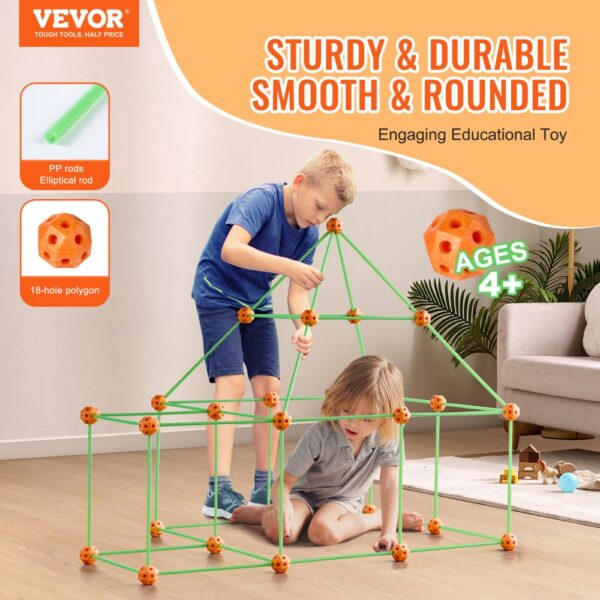 children playing with VEVOR tent fort building kit, featuring green pp rods and orange 18-hole connectors.