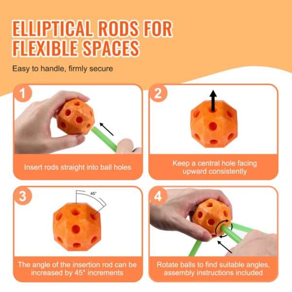 elliptical rods for flexible spaces; instructions for VEVOR tent fort building kit assembly.