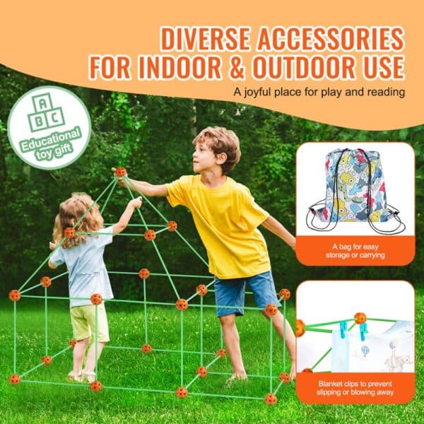 kids playing outdoors with a VEVOR tent fort building kit featuring diverse accessories and easy storage bag.