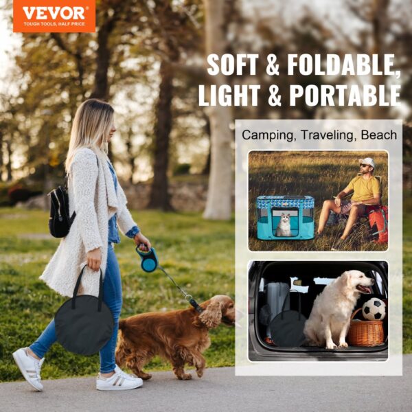 person walking dog with portable VEVOR foldable pet playpen for camping, traveling, or beach trips.