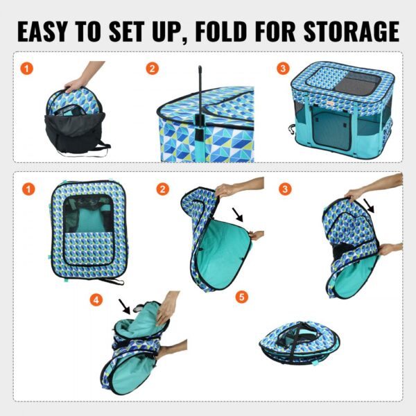 easy setup and fold for storage of VEVOR foldable pet playpen with step-by-step illustrated instructions.