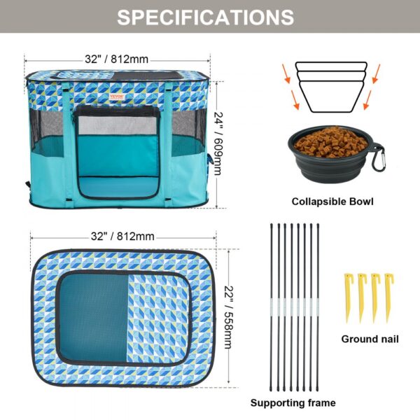 VEVOR foldable pet playpen, 32" x 24", blue with geometric pattern, includes collapsible bowl and ground nails.