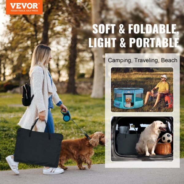 VEVOR pet playpen: soft, foldable, light, and portable for camping, traveling, and beach use.