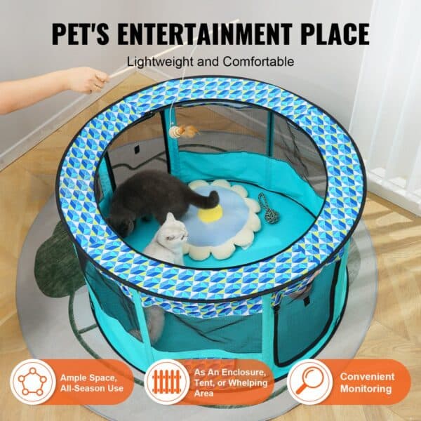 cats playing inside VEVOR pet playpen, circular blue enclosure with toys and ample space for pets.