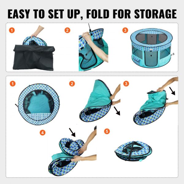 easy setup and foldable VEVOR pet playpen, with illustrated storage steps and compact design.