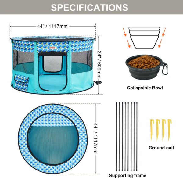 VEVOR pet playpen, dimensions 44"x24", includes collapsible bowl, supporting frame, ground nails.