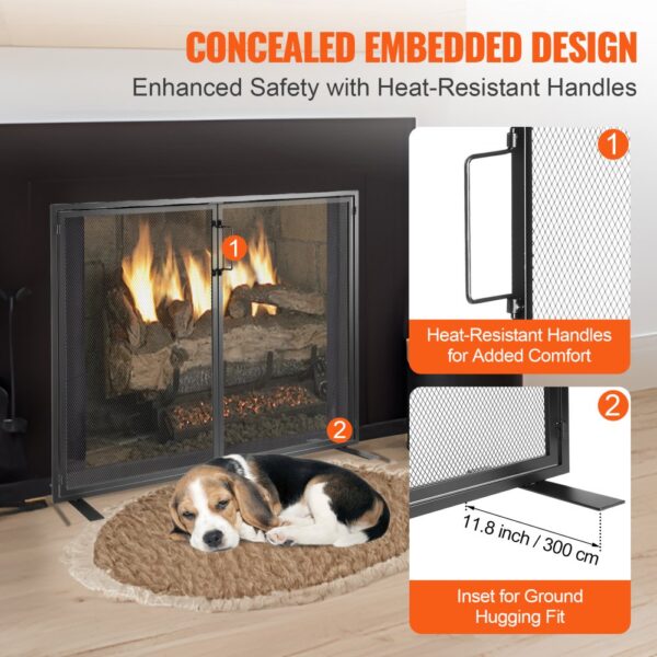 VEVOR fireplace screen with heat-resistant handles, inset design, and safety features on display.