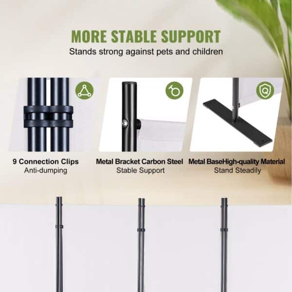 VEVOR room divider: 9 connection clips, metal bracket carbon steel, high-quality metal base, stable support.