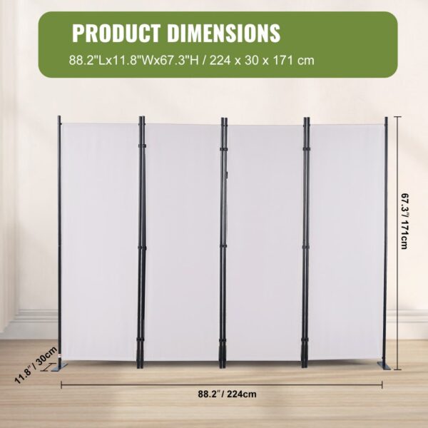 VEVOR room divider with dimensions 88.2" x 11.8" x 67.3" or 224 x 30 x 171 cm, featuring a white panel and black frame.