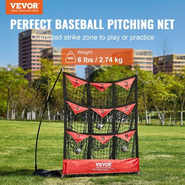 VEVOR baseball net for practicing with numbered target zones in a park, weight 6 lbs/2.74 kg.