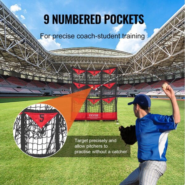 baseball player pitching towards VEVOR baseball net with 9 numbered pockets in a stadium.