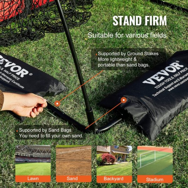 VEVOR baseball net setup with ground stakes and sandbags on grass, suitable for lawn, sand, backyard, and stadium.