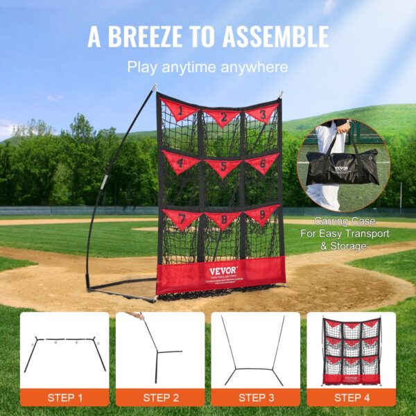 VEVOR baseball net on a field with carrying case, step-by-step assembly instructions, and play anytime slogan.