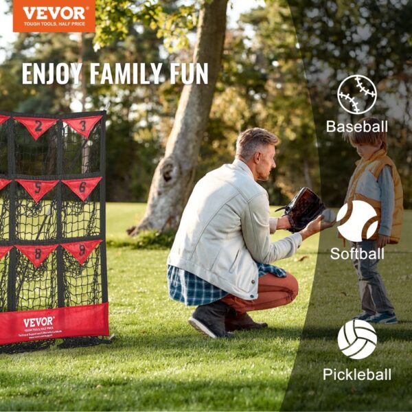 VEVOR baseball net for family fun, promoting baseball, softball, and pickleball in a sunny park.