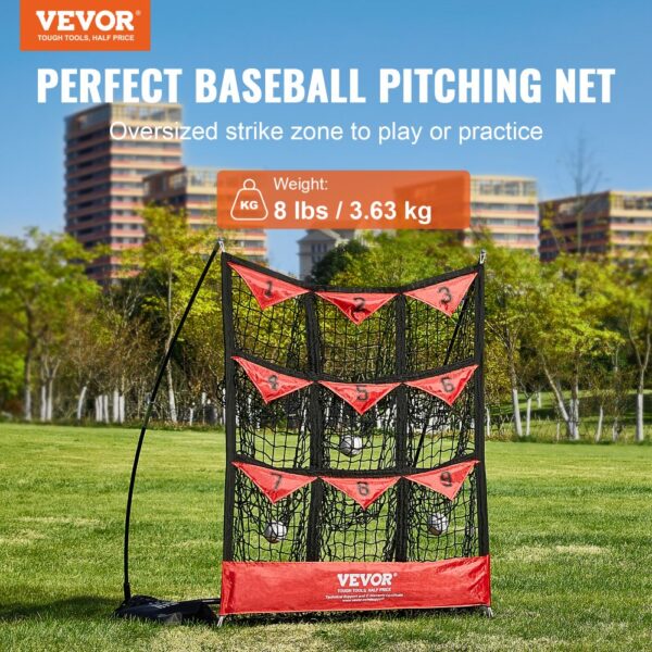 VEVOR baseball net with numbered strike zones set up in a green outdoor field. weight: 8 lbs/3.63 kg.