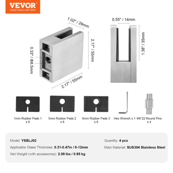 VEVOR glass clamp details with dimensions, rubber pads, hex wrench, round pins, and weight info.