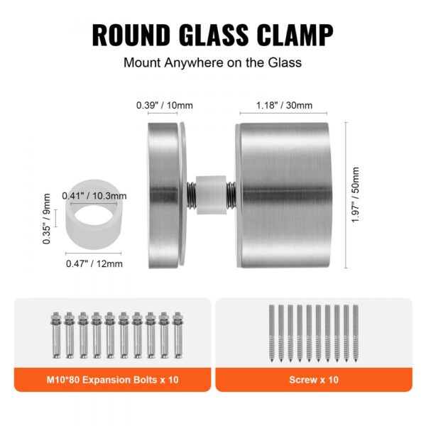 round glass clamp with measurements, VEVOR glass clamp, 10 expansion bolts, and 10 screws included.