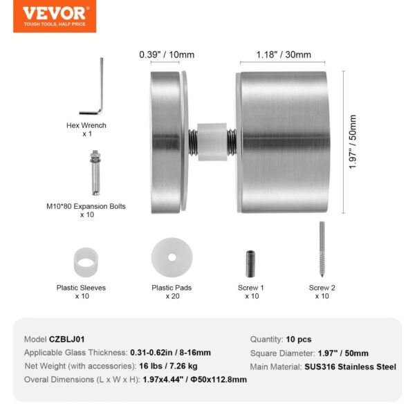 VEVOR glass clamp czblj01 with screws, hex wrench, plastic sleeves and pads. stainless steel, 1.97"x4.44".