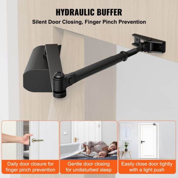 VEVOR automatic door closer with hydraulic buffer for silent closing and finger pinch prevention.