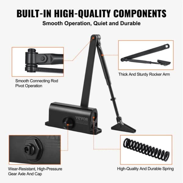 VEVOR automatic door closer components: connecting rod, rocker arm, high-pressure gear axle, spring.