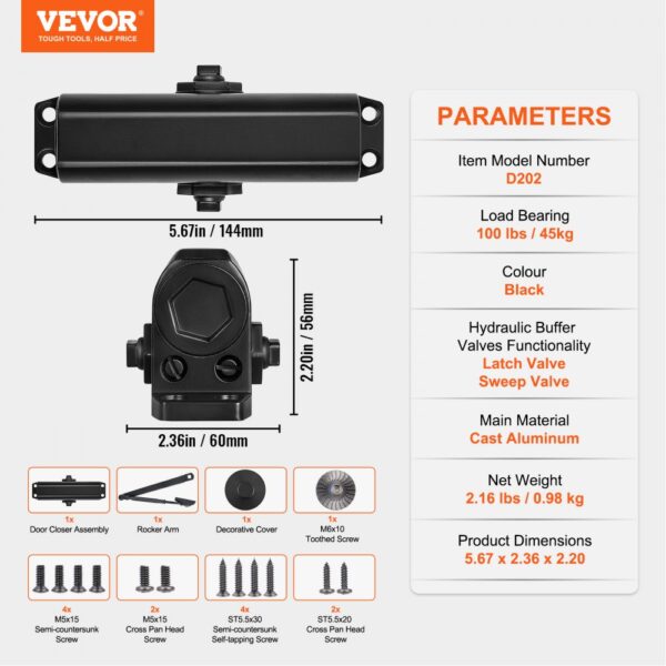 VEVOR automatic door closer d202, black cast aluminum, 100 lbs load-bearing, dimensions 5.67x2.36x2.20 in.