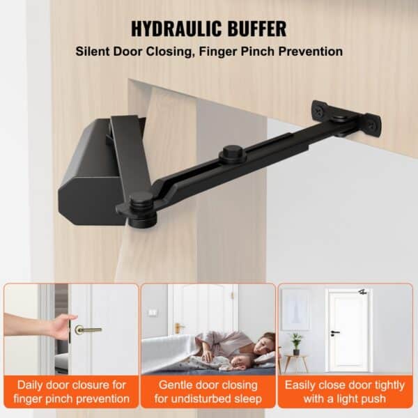 VEVOR door closer ensures silent door closing and finger pinch prevention with hydraulic buffer technology.