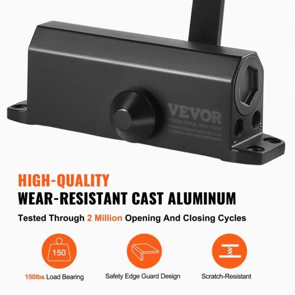 VEVOR door closer made of wear-resistant cast aluminum, tested through 2 million cycles, 150 lbs load.