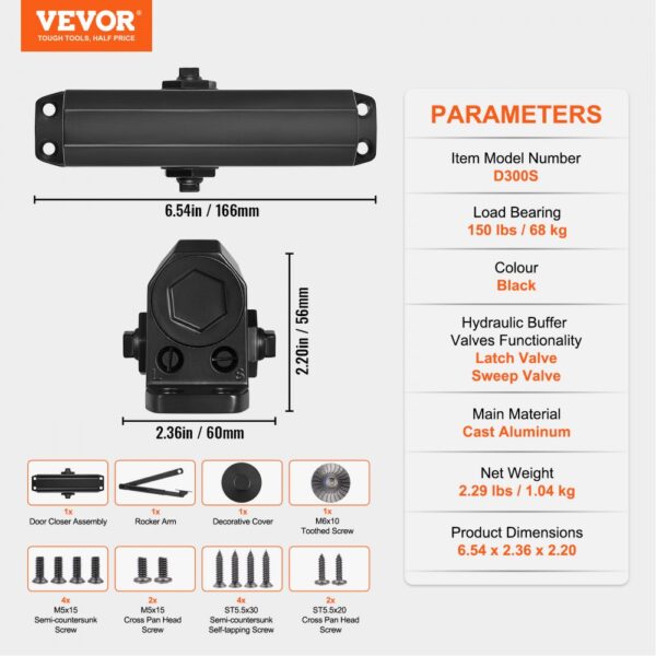 VEVOR door closer d300s, black, 150 lbs load bearing, cast aluminum, includes screws and rocker arm.