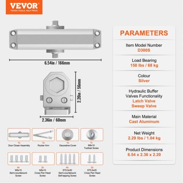 VEVOR Door Closer, Automatic Door Closer Commercial or Residential Use for Door Weights 68 kg, Adjustable Size Hydraulic Buffer Door Closers Heavy Duty Cast Aluminum Body, Easy Install, Silver