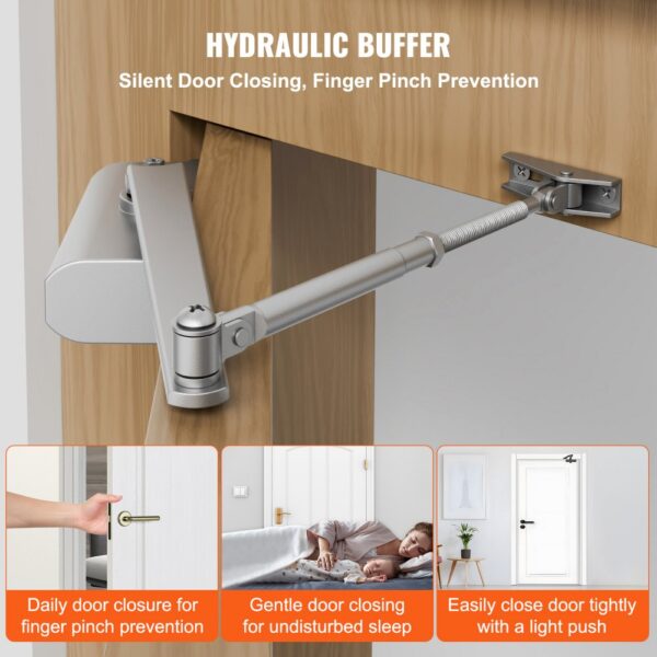 VEVOR Door Closer, Automatic Door Closer Commercial or Residential Use for Door Weights 85 kg, Adjustable Size Hydraulic Buffer Door Closers Heavy Duty Cast Aluminum Body, Easy Install, Silver