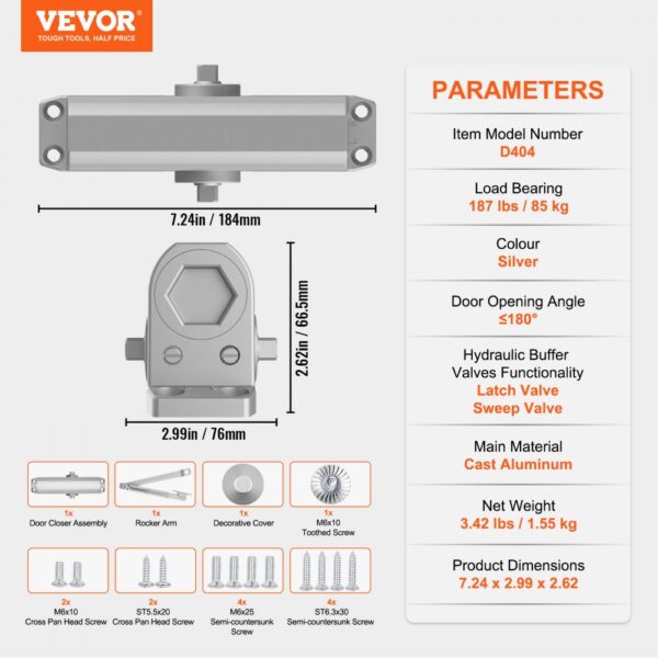 VEVOR Door Closer, Automatic Door Closer Commercial or Residential Use for Door Weights 85 kg, Adjustable Size Hydraulic Buffer Door Closers Heavy Duty Cast Aluminum Body, Easy Install, Silver