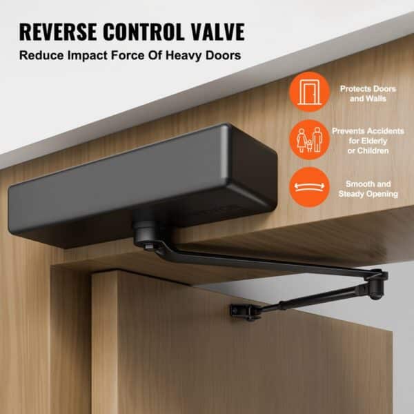 VEVOR door closer with reverse control valve, ensuring smooth and safe operation for heavy doors.