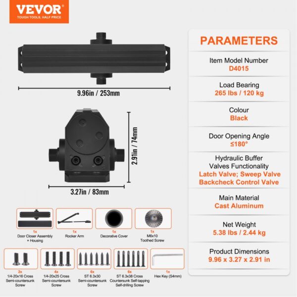 VEVOR door closer model d4015, black, 265 lbs load bearing, hydraulic buffer valves, dimensions in inches and mm.