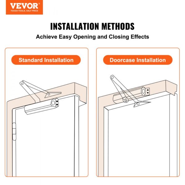 VEVOR door closer installation methods: standard installation and doorcase installation.