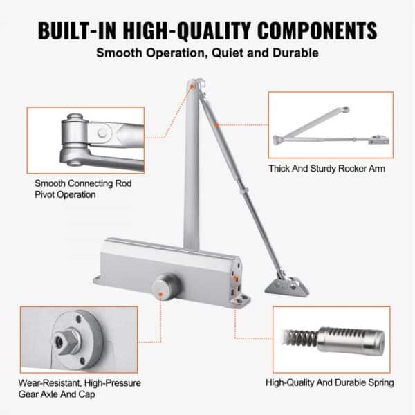 VEVOR door closer with high-quality components, including a thick rocker arm, smooth pivot, and durable spring.