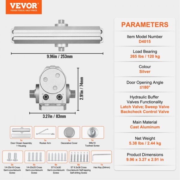 VEVOR door closer model d4015, silver finish, 265 lbs load bearing, cast aluminum, 180° opening angle.