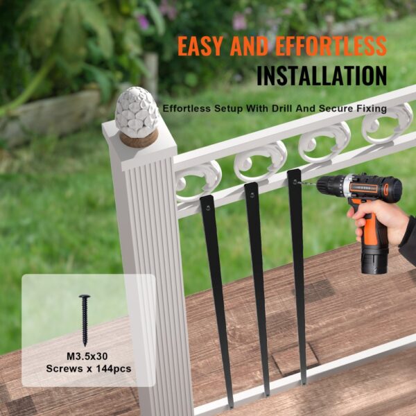 easy installation of VEVOR staircase metal balusters with drill and screws on outdoor railing.