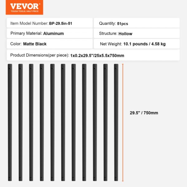 VEVOR staircase metal balusters, aluminum, matte black, hollow structure, 29.5 inches, pack of 51.