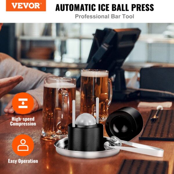 VEVOR Ice Ball Press, 2.4" Ice Ball Maker, Aircraft Al Alloy Ice Ball Press Kit for 60mm Ice Sphere, Ice Press with Tong and Drip Tray, for Whiskey, Cocktail, Bourbon, Scot on Party & Holiday, Black