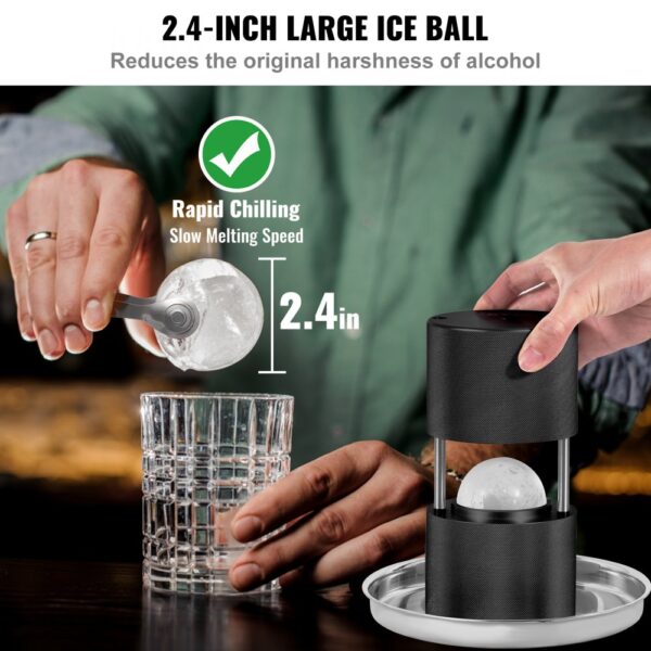 VEVOR Ice Ball Press, 2.4" Ice Ball Maker, Aircraft Al Alloy Ice Ball Press Kit for 60mm Ice Sphere, Ice Press with Tong and Drip Tray, for Whiskey, Cocktail, Bourbon, Scot on Party & Holiday, Black