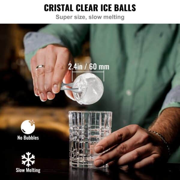 VEVOR Ice Ball Maker, Crystal Clear Ice Ball Maker 2.36inch Ice Sphere Maker with Storage Bag and Ice Clamp, Round Clear Ice Cube 2-Cavity Ice Press Maker for Whiskey Scotch Cocktail Brandy