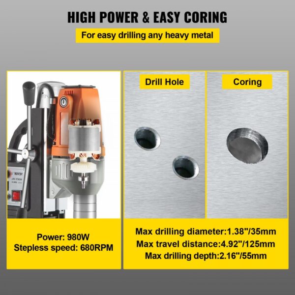 VEVOR Magnetic Drill 220V-240V Magnetic Drilling Machine 980W, Metal Drill Press High Power 680 rpm, Multi-Function Metal Drill Press 35MM Core Drilling Machine for Drilling And Tapping