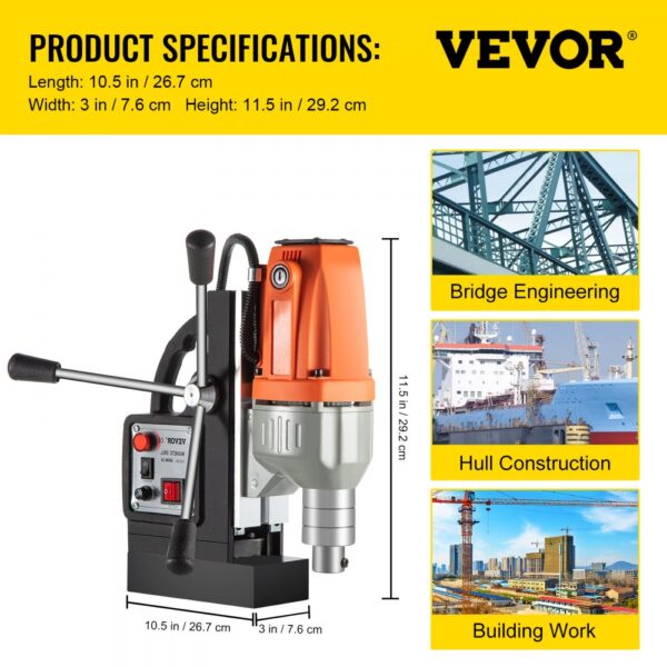 VEVOR Magnetic Drill 220V-240V Magnetic Drilling Machine 980W, Metal Drill Press High Power 680 rpm, Multi-Function Metal Drill Press 35MM Core Drilling Machine for Drilling And Tapping