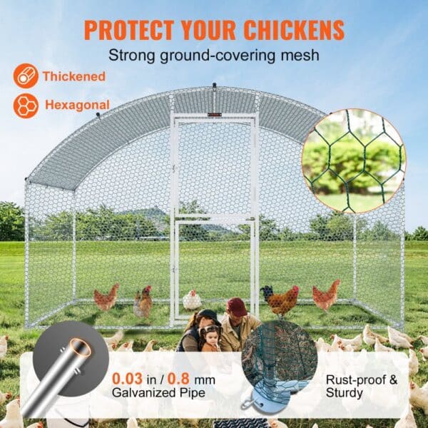 VEVOR chicken coop with sturdy hexagonal mesh, rust-proof galvanized pipe in a green outdoor setting.