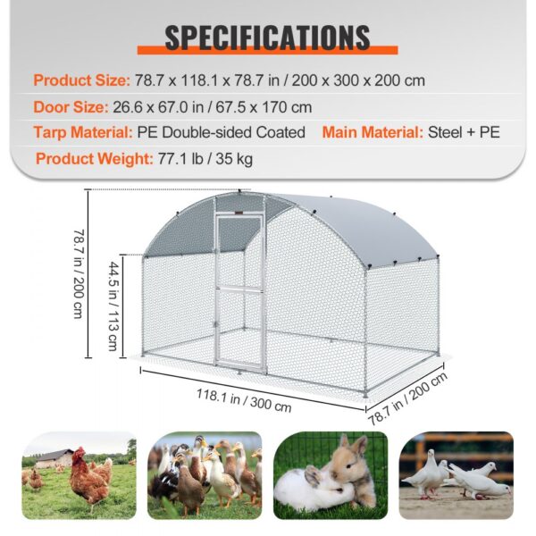 VEVOR chicken coop specifications, steel and pe material, 200x300x200 cm, suitable for various animals