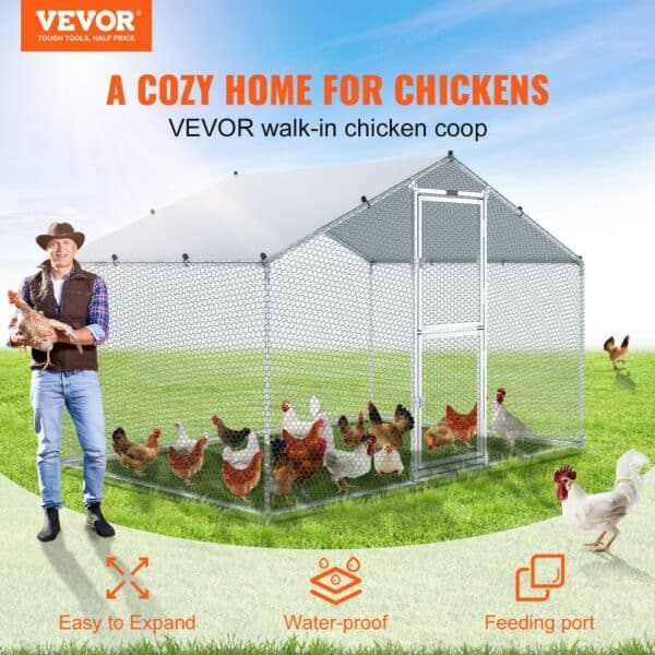 VEVOR Large Metal Chicken Coop with Run, Walkin Chicken Coop for Yard with Waterproof Cover, 6.6 x 9.8 x 6.6 ft, Peaked Roof Large Poultry Cage for Hen House, Duck Coop and Rabbit Run, Silver