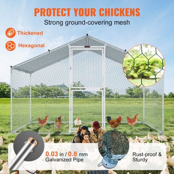 VEVOR Large Metal Chicken Coop with Run, Walkin Chicken Coop for Yard with Waterproof Cover, 6.6 x 9.8 x 6.6 ft, Peaked Roof Large Poultry Cage for Hen House, Duck Coop and Rabbit Run, Silver