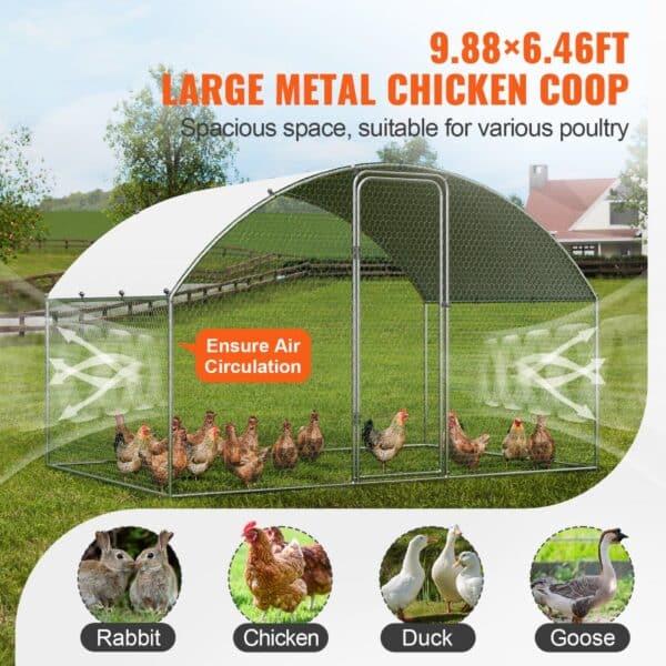 VEVOR chicken coop 9.88x6.46ft, spacious metal enclosure for chickens, ducks, rabbits, and geese.