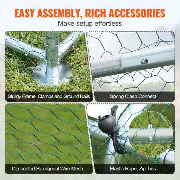 VEVOR chicken coop assembly featuring a sturdy frame, spring clasp, hexagonal wire mesh, and zip ties.